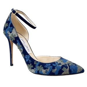 JIMMY CHOO Lucy 100 D'Orsay Pumps Sequin Blue Floral Heels 38